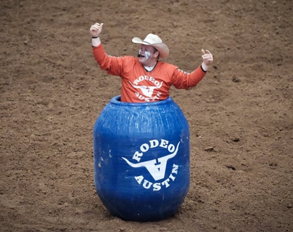 barrel man/rodeo clown in Rodeo Austin barrel